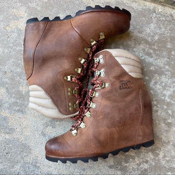 Sorel Boots Conquest Wedge Booties Brown Leather Lace Up Womens 8 - Picture 7 of 15